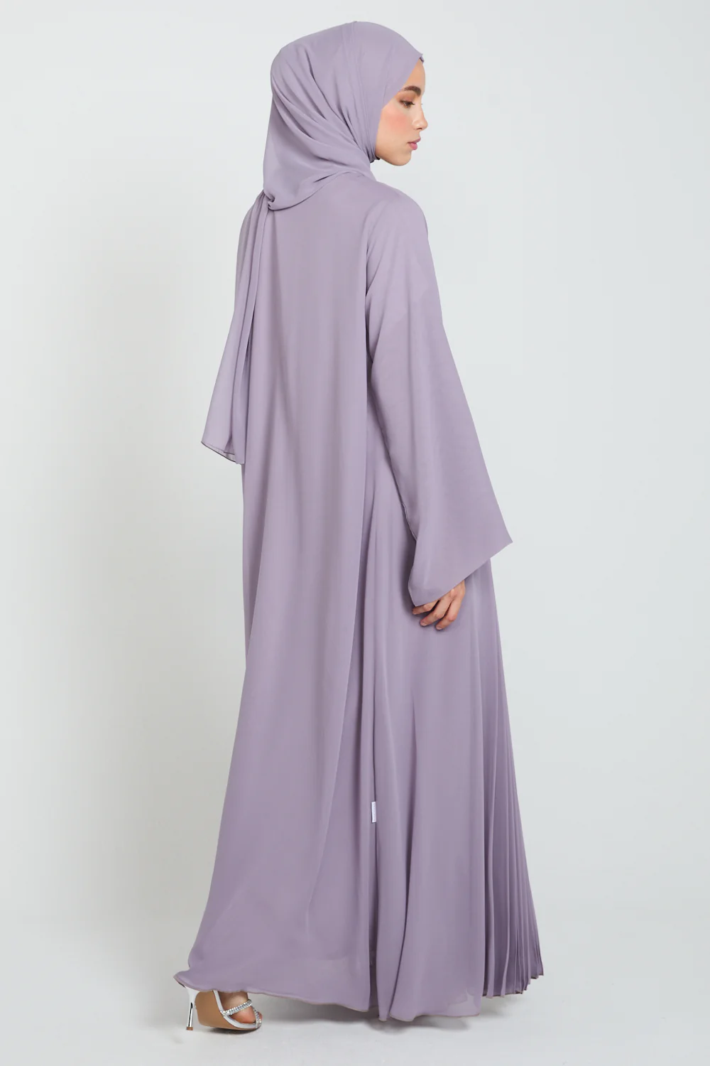 Luxury Chiffon Open Abaya with Pleated Detailing - Royal Lilac - Image 9