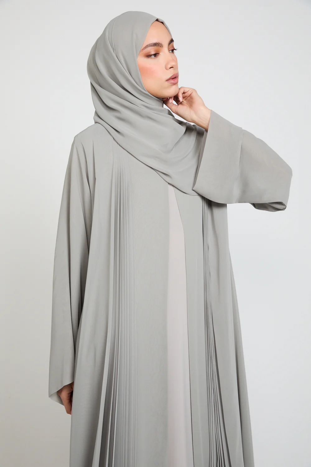 Luxury Chiffon Open Abaya with Pleated Detailing - Smoked Sage - Image 2