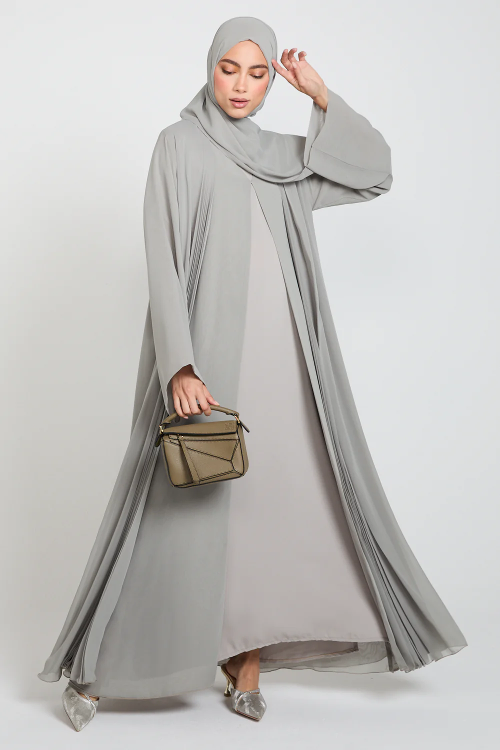 Luxury Chiffon Open Abaya with Pleated Detailing - Smoked Sage - Image 3