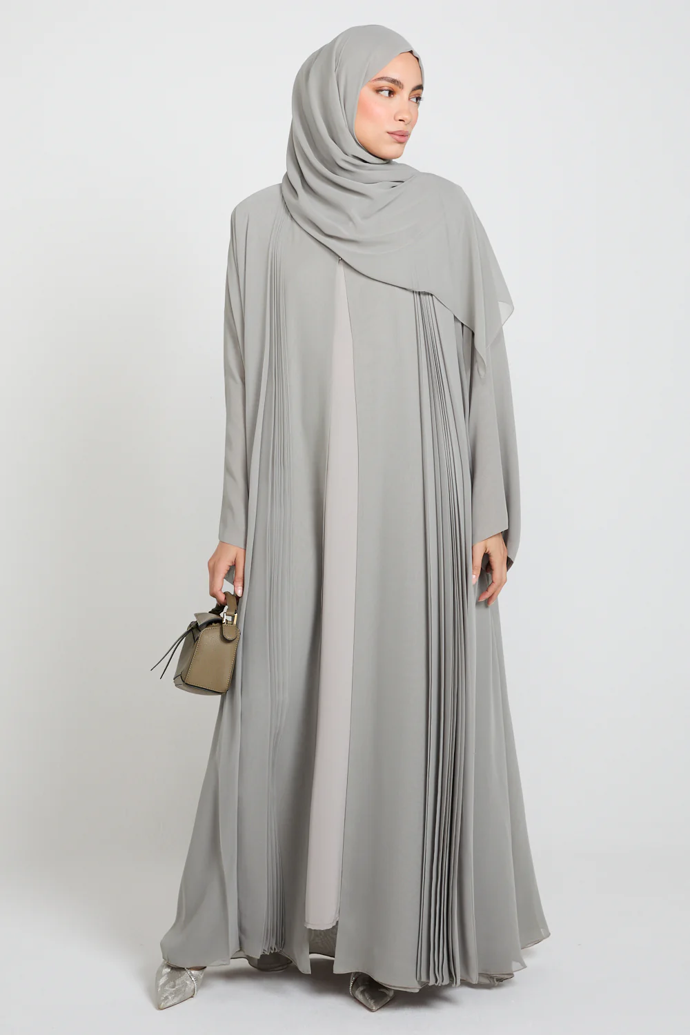 Luxury Chiffon Open Abaya with Pleated Detailing - Smoked Sage - Image 4