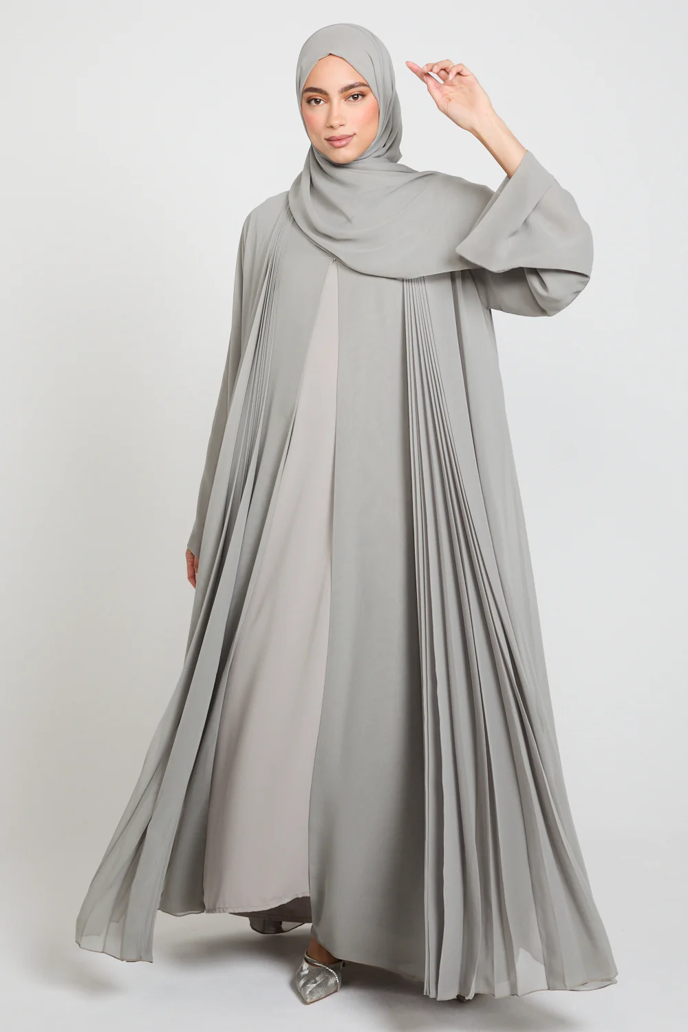 Luxury Chiffon Open Abaya with Pleated Detailing - Smoked Sage - Image 5