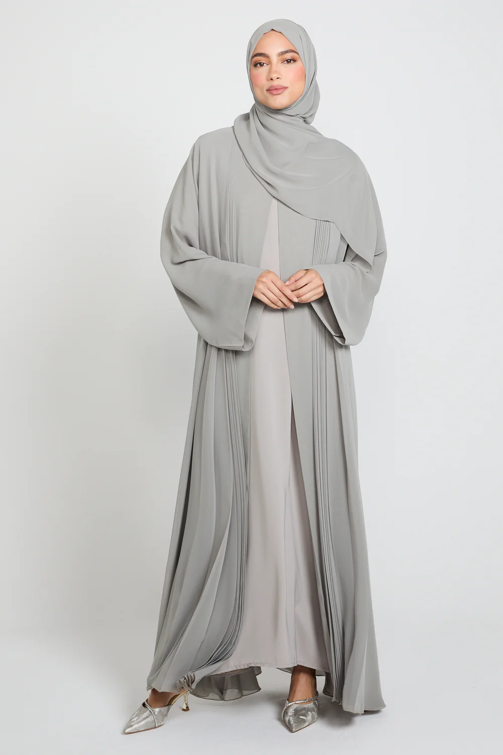 Luxury Chiffon Open Abaya with Pleated Detailing - Smoked Sage - Image 7