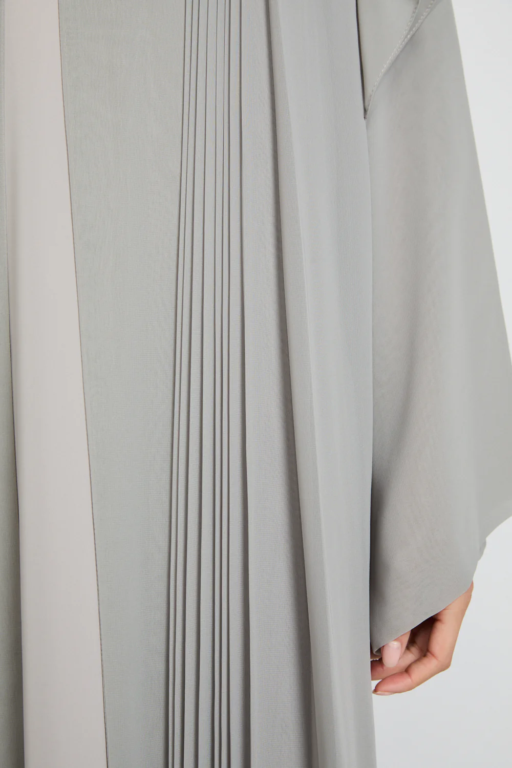 Luxury Chiffon Open Abaya with Pleated Detailing - Smoked Sage - Image 9