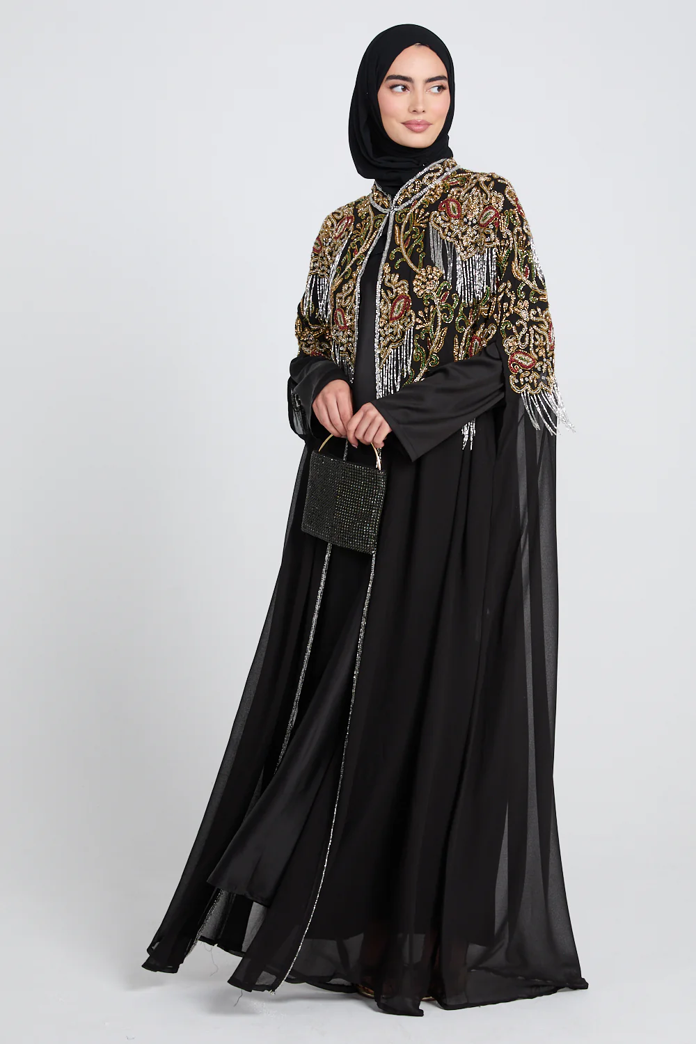 Luxury Crown Jewel Embellished Cape - Black