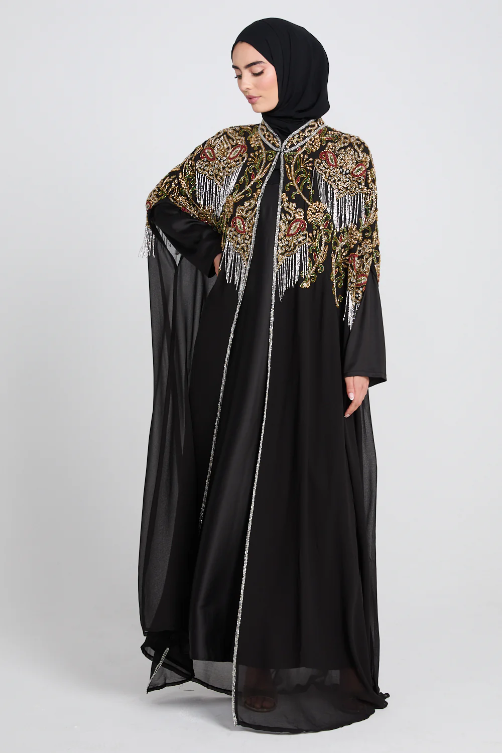 Luxury Crown Jewel Embellished Cape - Black - Image 3