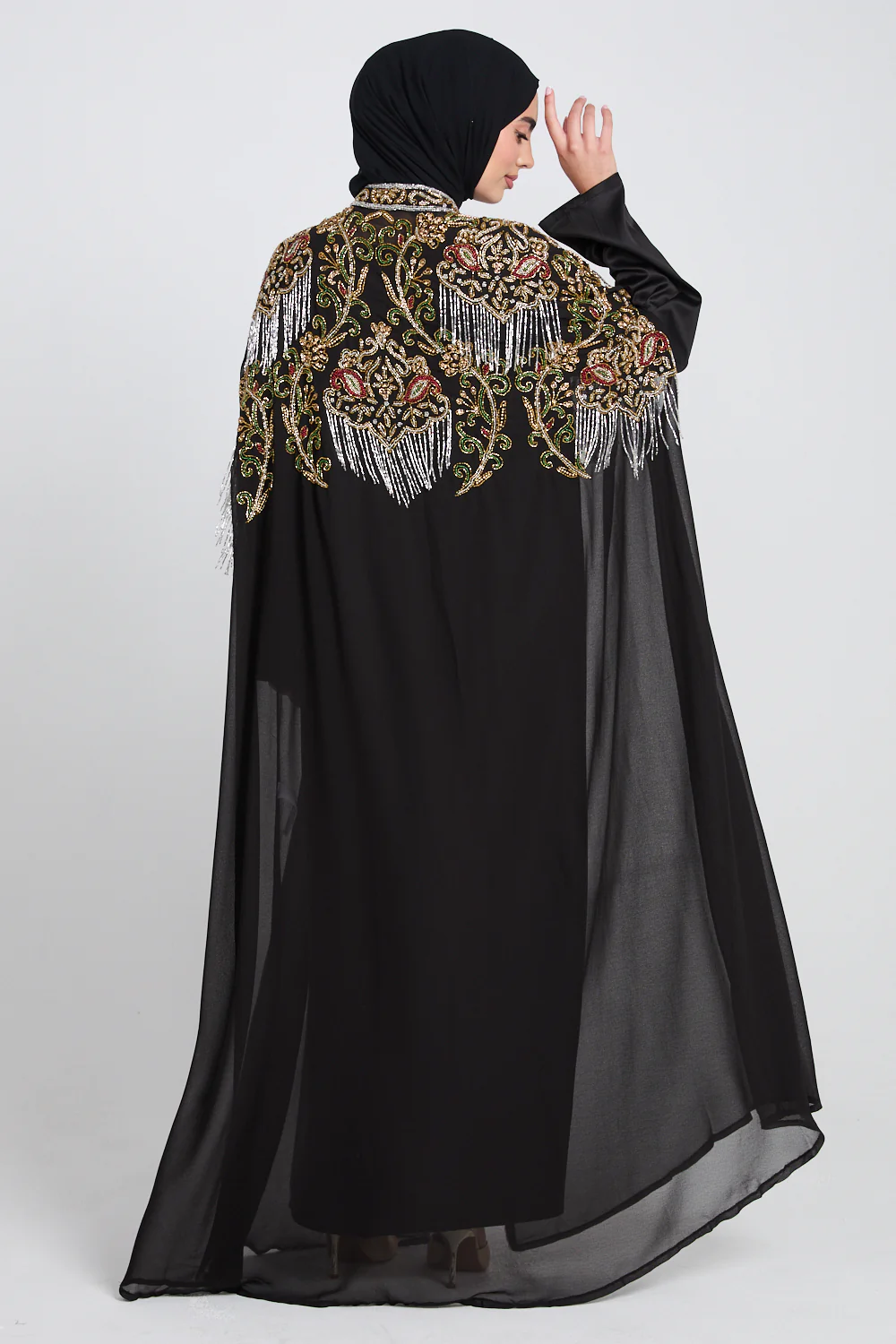 Luxury Crown Jewel Embellished Cape - Black - Image 5