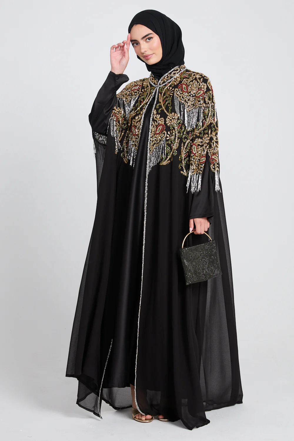 Luxury Crown Jewel Embellished Cape - Black - Image 7