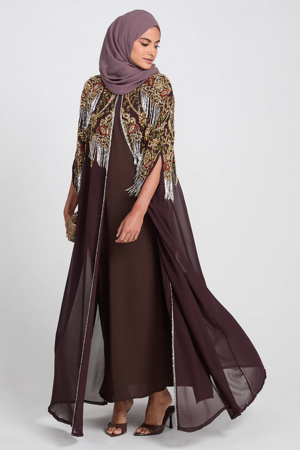 Luxury Crown Jewel Embellished Cape - Rich Mahogany