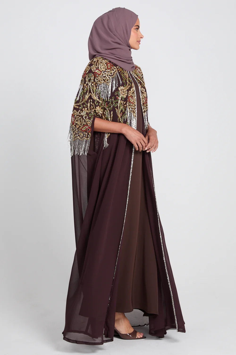 Luxury Crown Jewel Embellished Cape - Rich Mahogany - Image 10