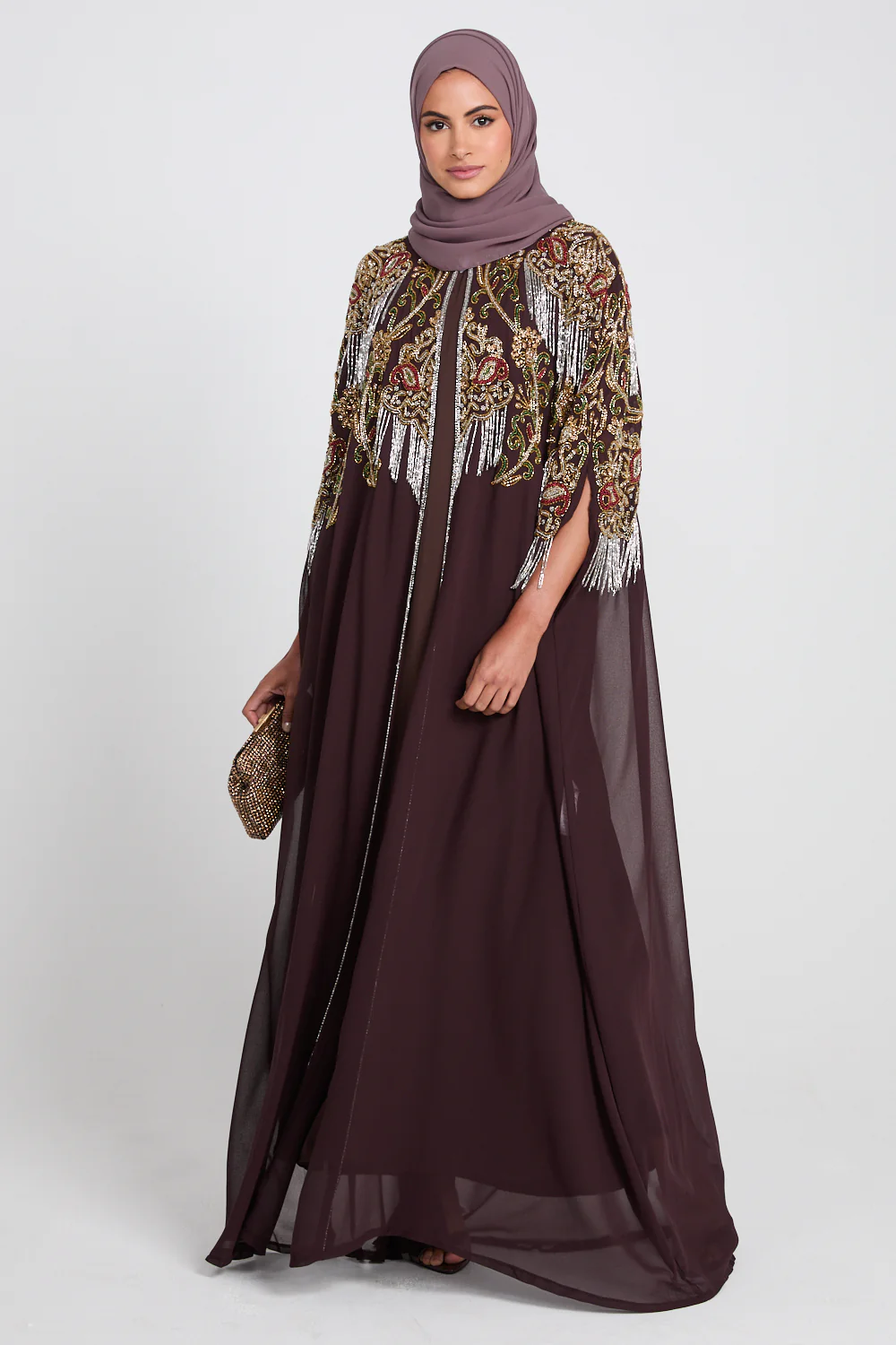 Luxury Crown Jewel Embellished Cape - Rich Mahogany - Image 3
