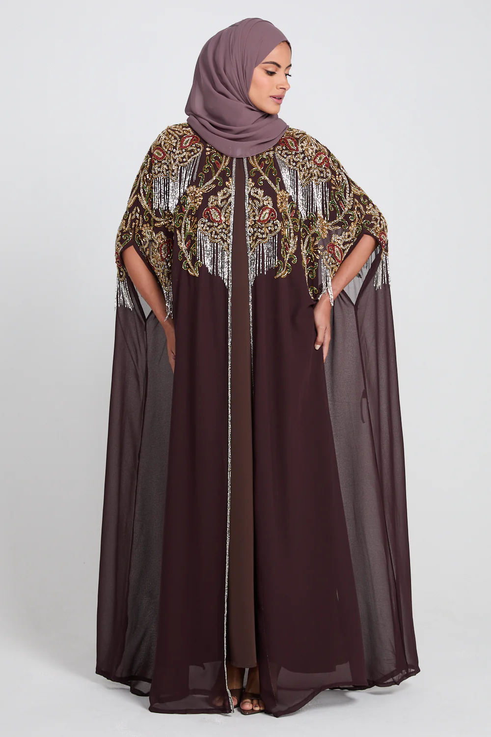 Luxury Crown Jewel Embellished Cape - Rich Mahogany - Image 6
