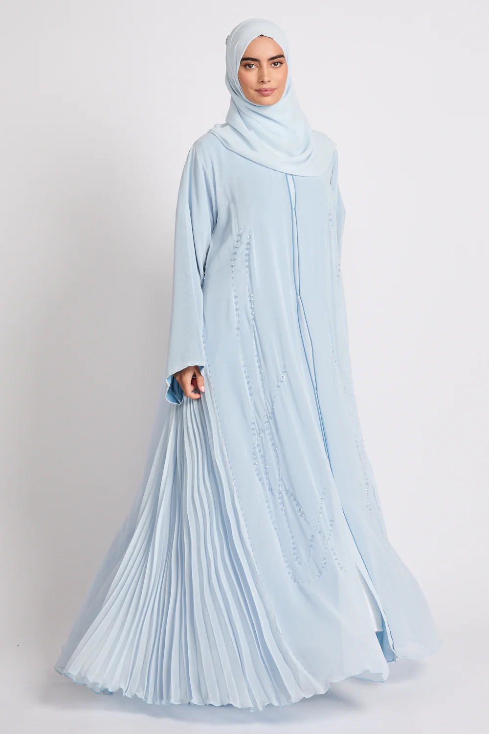 Luxury Crystal Pleated Open Abaya – Ice Blue