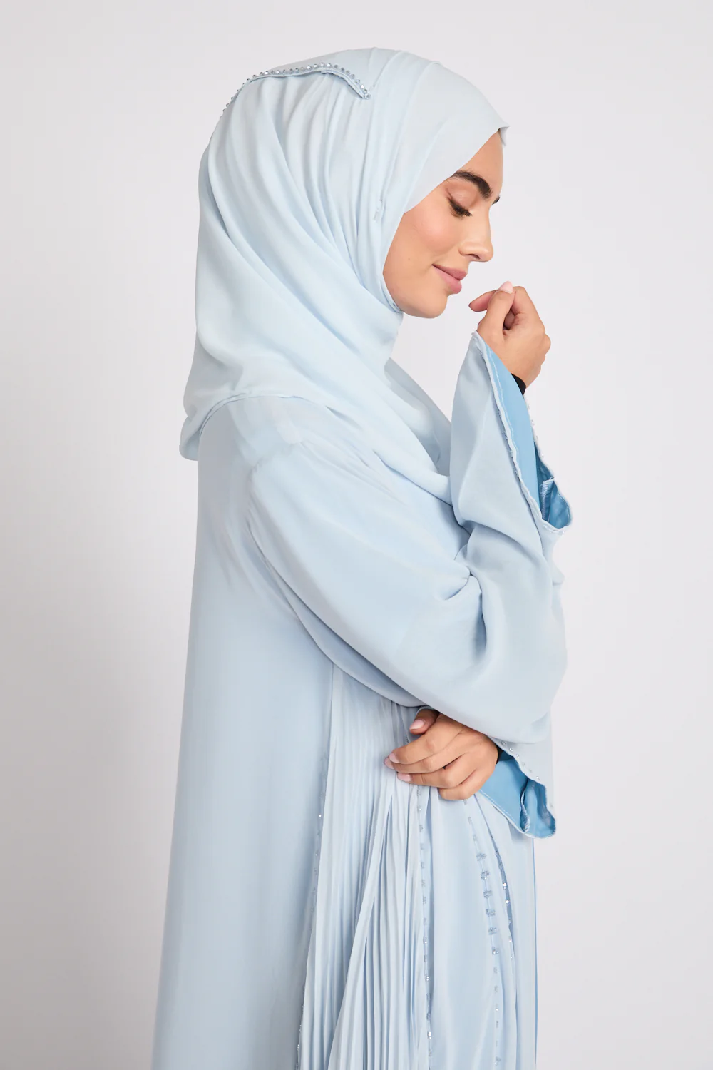 Luxury Crystal Pleated Open Abaya – Ice Blue - Image 2