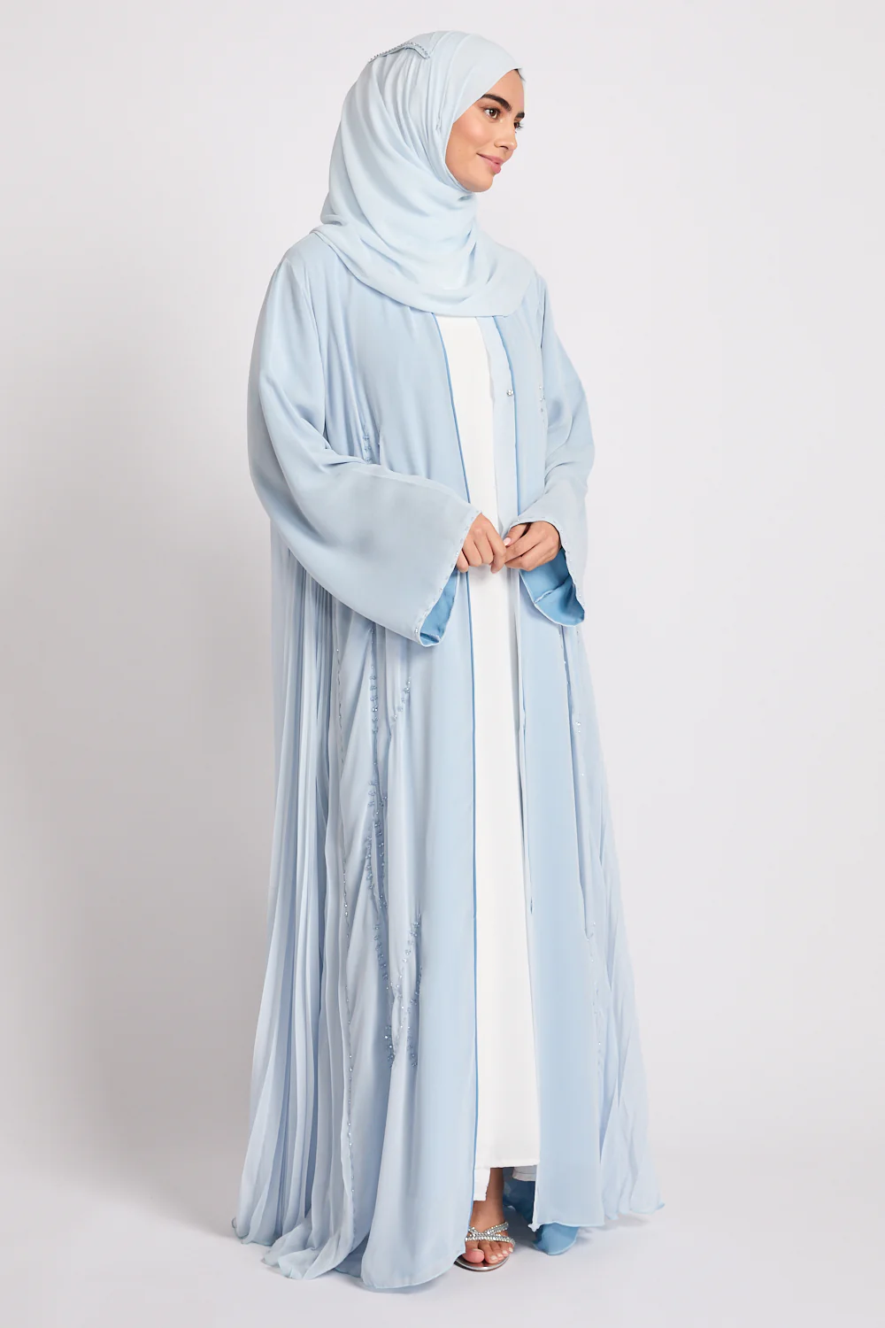 Luxury Crystal Pleated Open Abaya – Ice Blue - Image 3