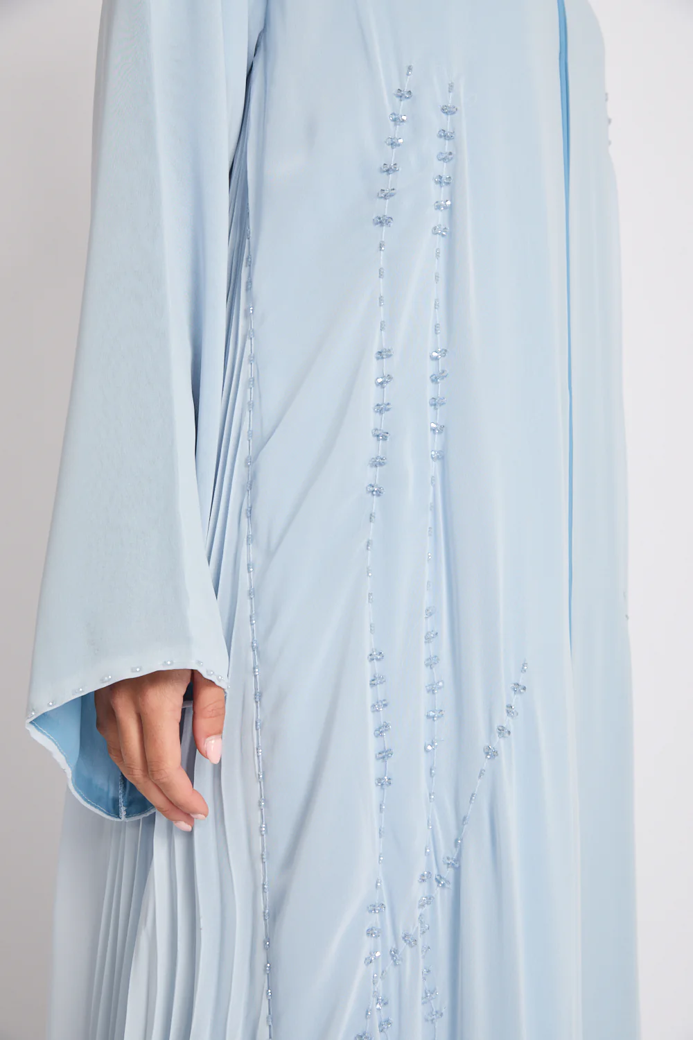 Luxury Crystal Pleated Open Abaya – Ice Blue - Image 4