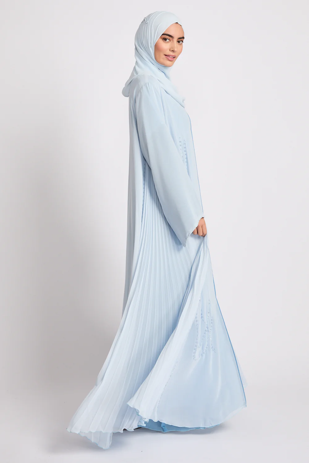 Luxury Crystal Pleated Open Abaya – Ice Blue - Image 5