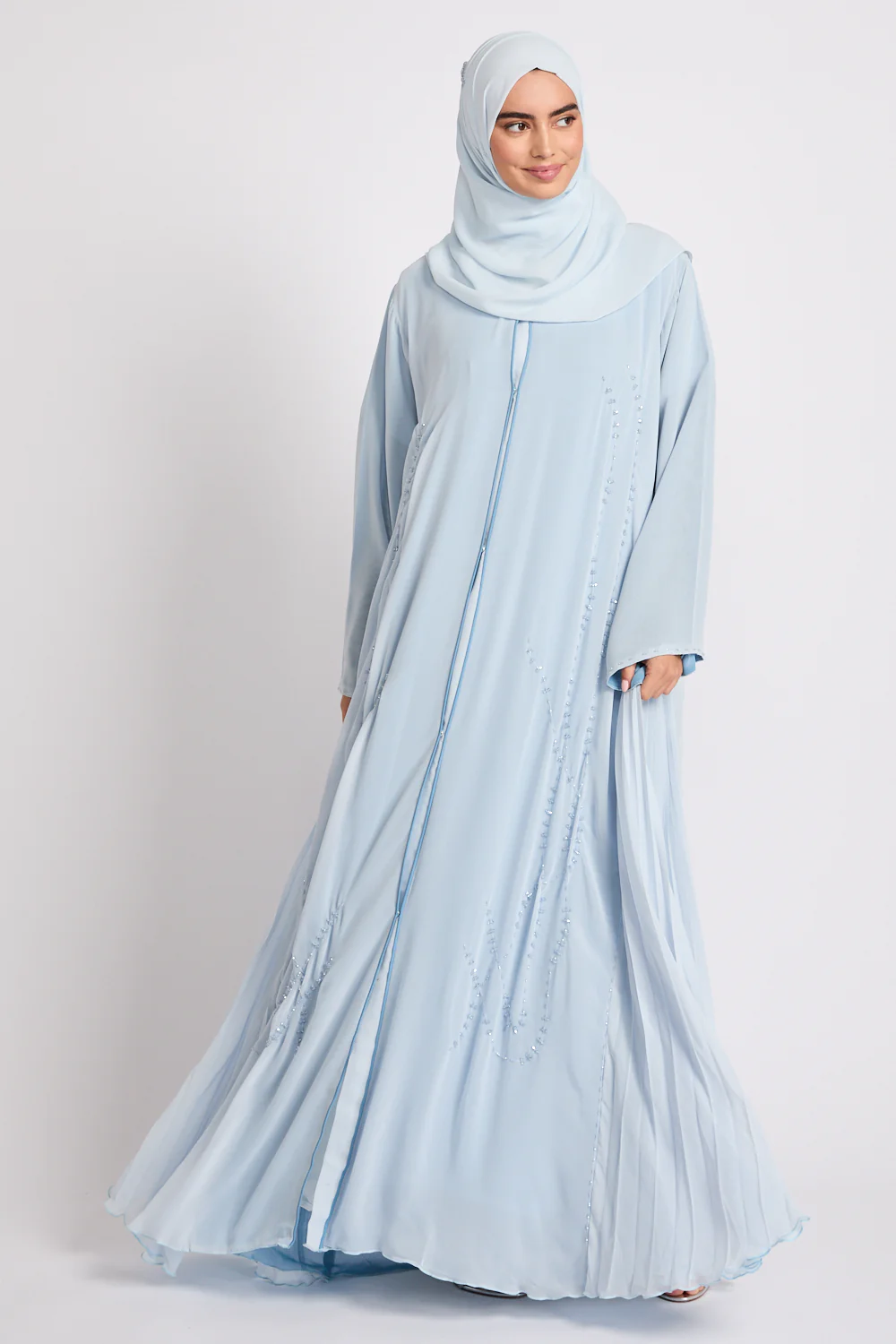 Luxury Crystal Pleated Open Abaya – Ice Blue - Image 6