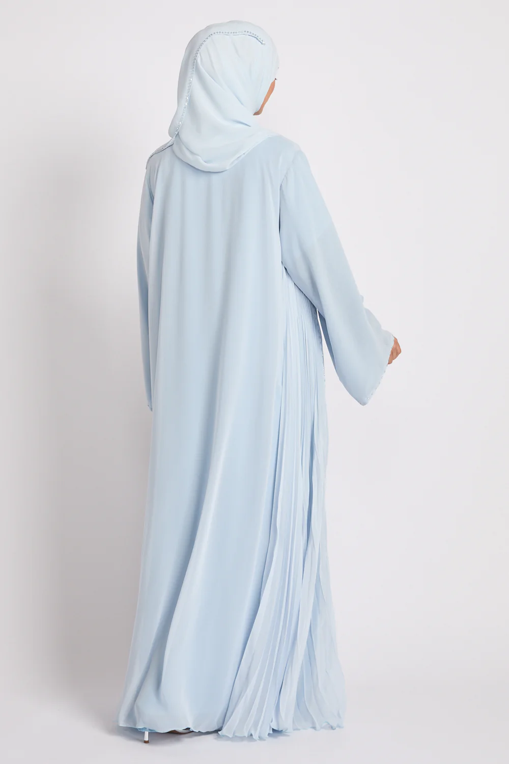 Luxury Crystal Pleated Open Abaya – Ice Blue - Image 7
