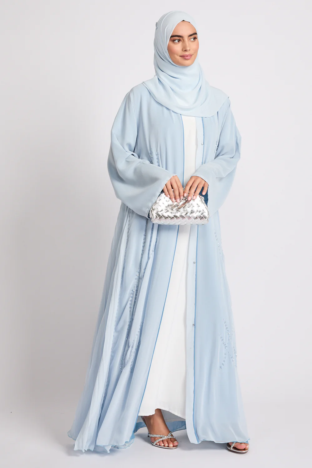 Luxury Crystal Pleated Open Abaya – Ice Blue - Image 8