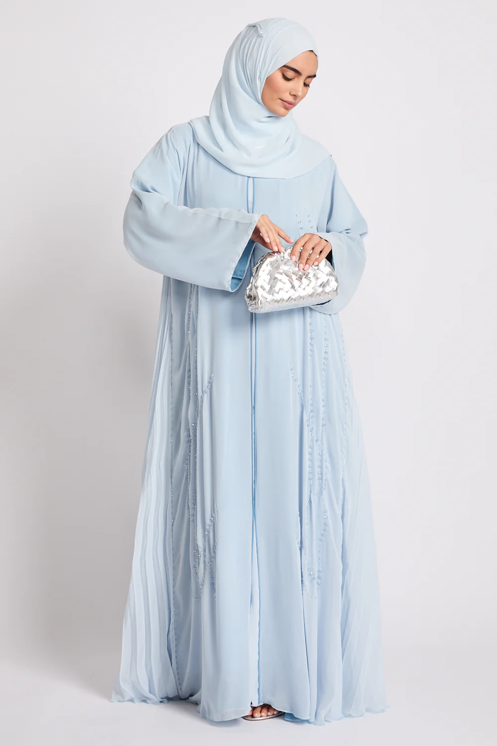 Luxury Crystal Pleated Open Abaya – Ice Blue - Image 9