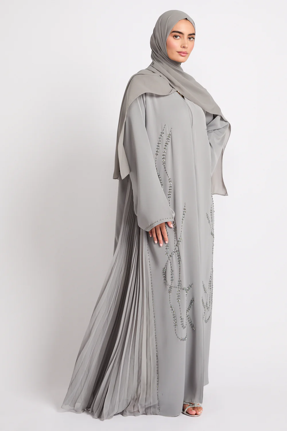 Luxury Crystal Pleated Open Abaya – Olive Ash - Image 3