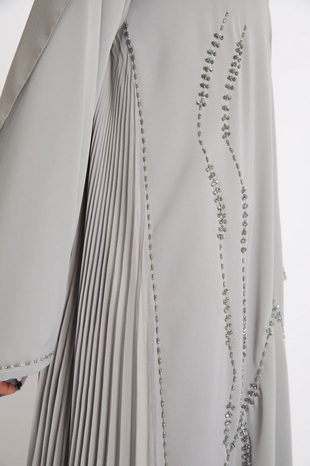 Luxury Crystal Pleated Open Abaya – Olive Ash - Image 4