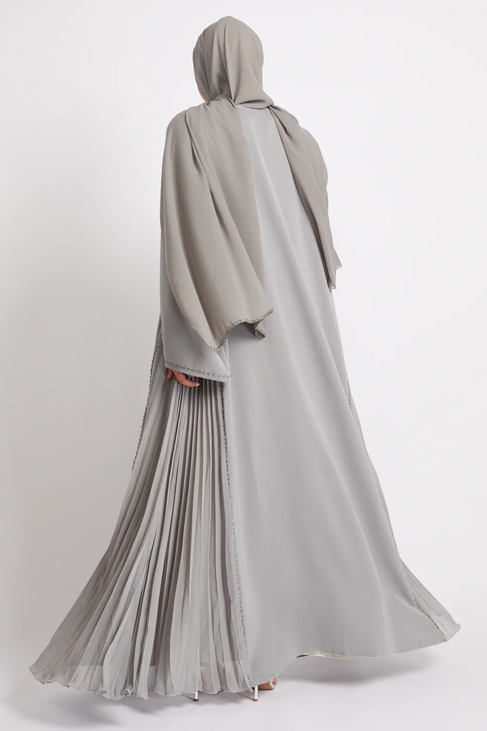 Luxury Crystal Pleated Open Abaya – Olive Ash - Image 5