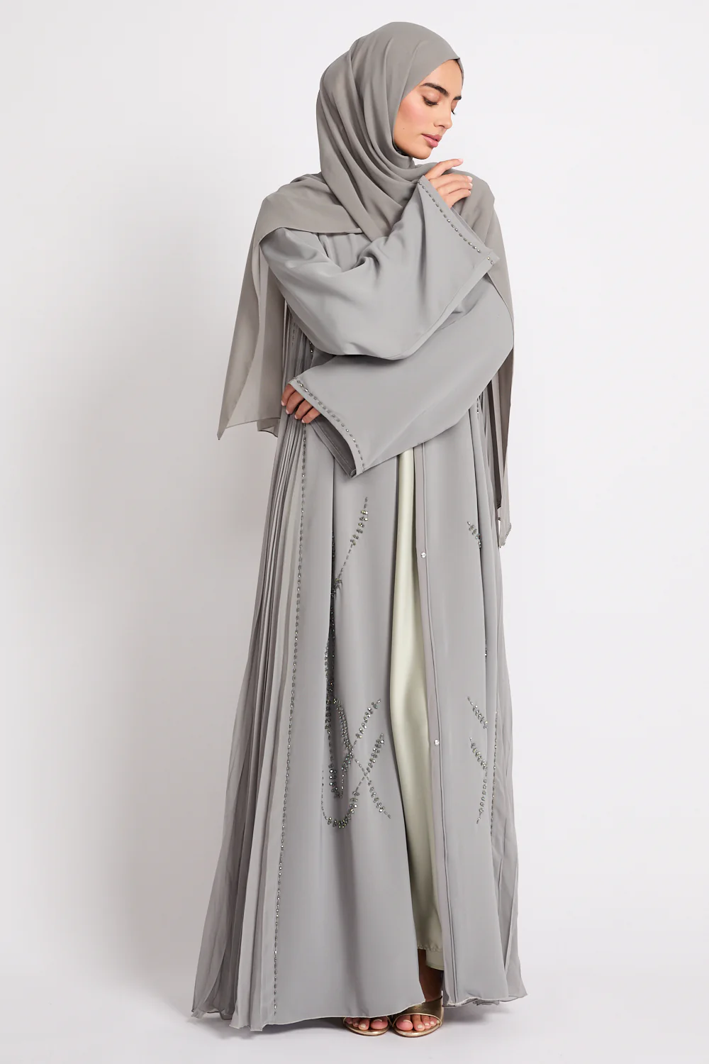 Luxury Crystal Pleated Open Abaya – Olive Ash - Image 6