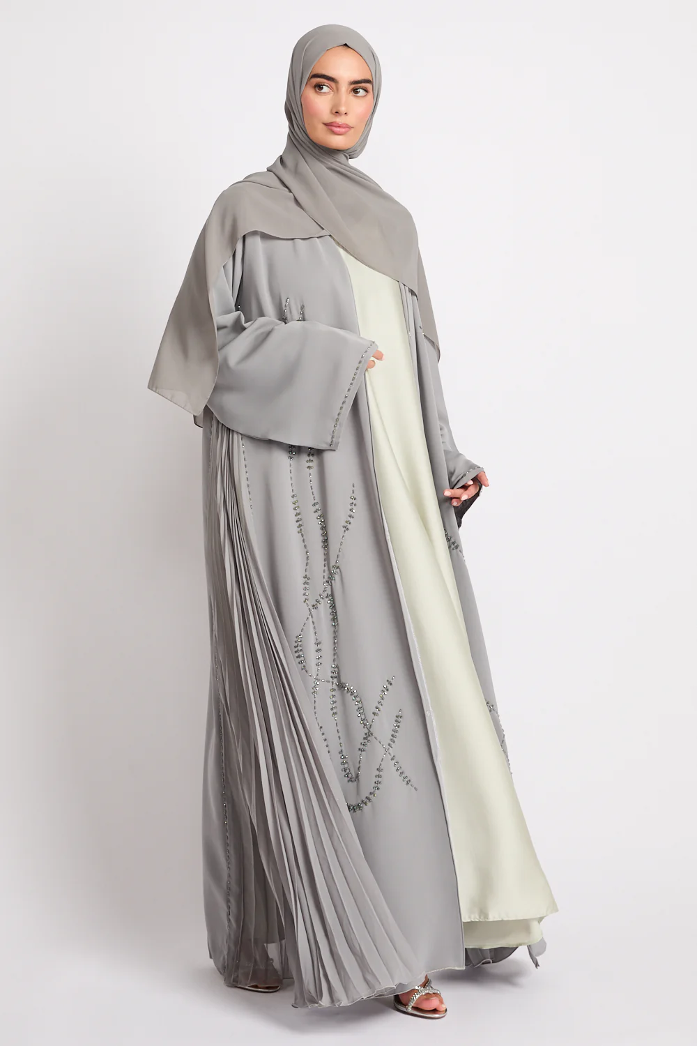 Luxury Crystal Pleated Open Abaya – Olive Ash - Image 7