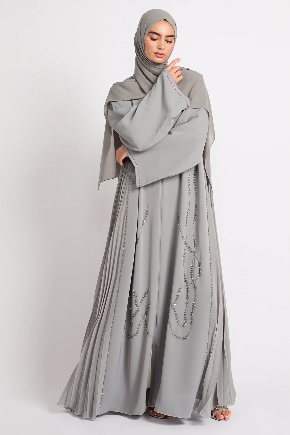 Luxury Crystal Pleated Open Abaya – Olive Ash - Image 9
