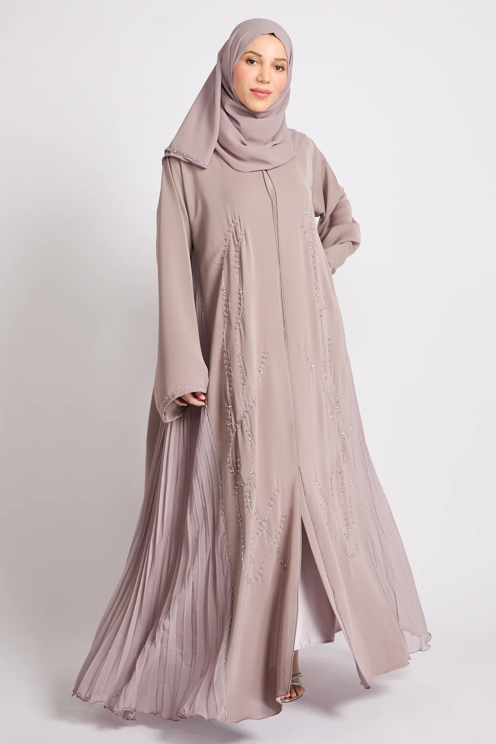 Luxury Crystal Pleated Open Abaya – Smoked Rose