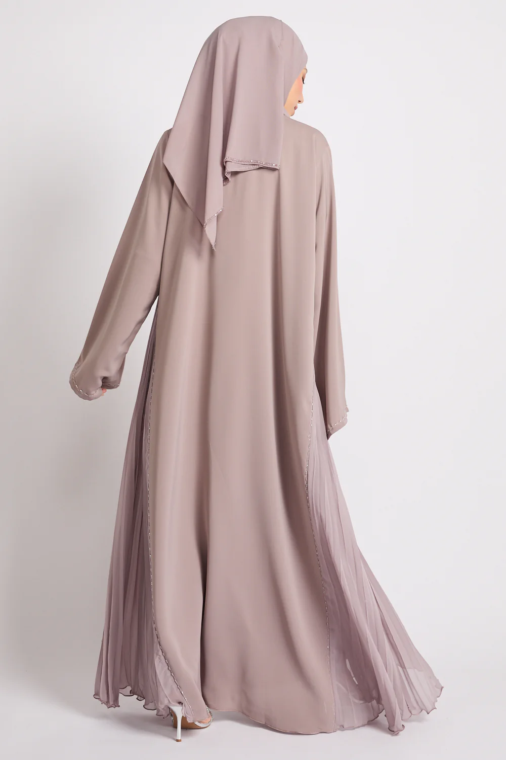 Luxury Crystal Pleated Open Abaya – Smoked Rose - Image 5