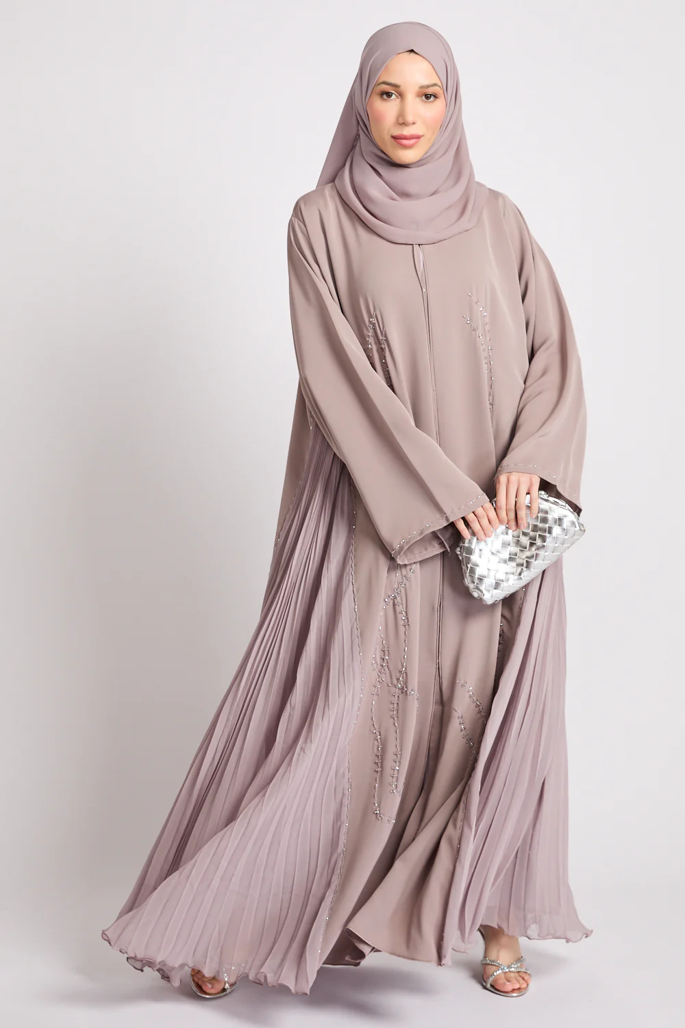 Luxury Crystal Pleated Open Abaya – Smoked Rose - Image 6