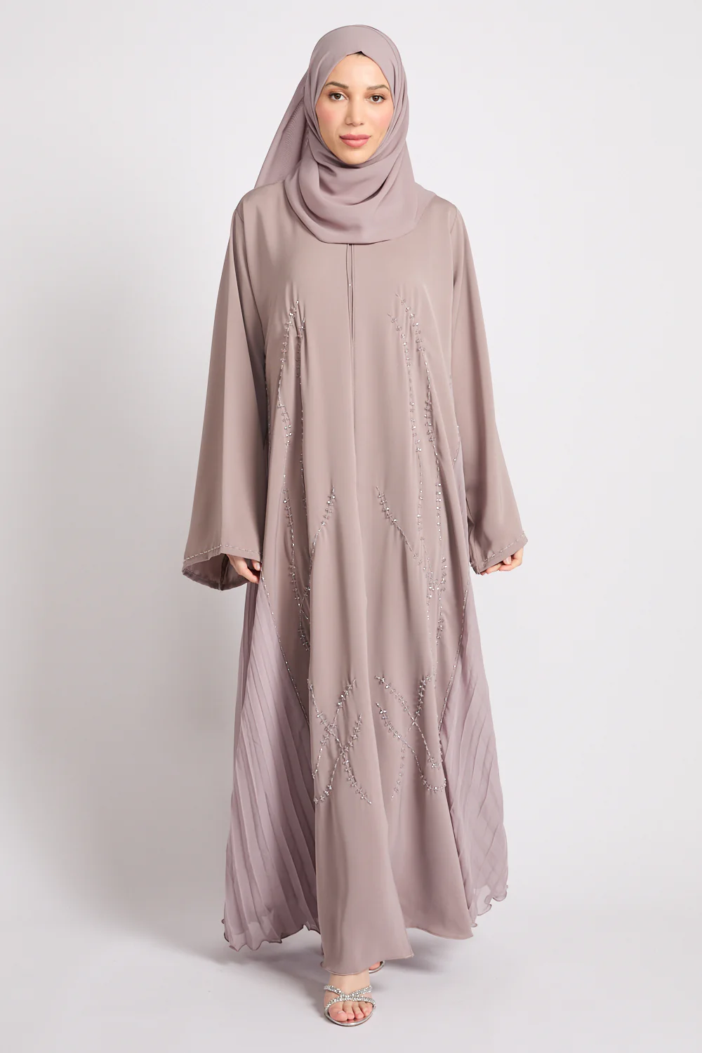 Luxury Crystal Pleated Open Abaya – Smoked Rose - Image 7