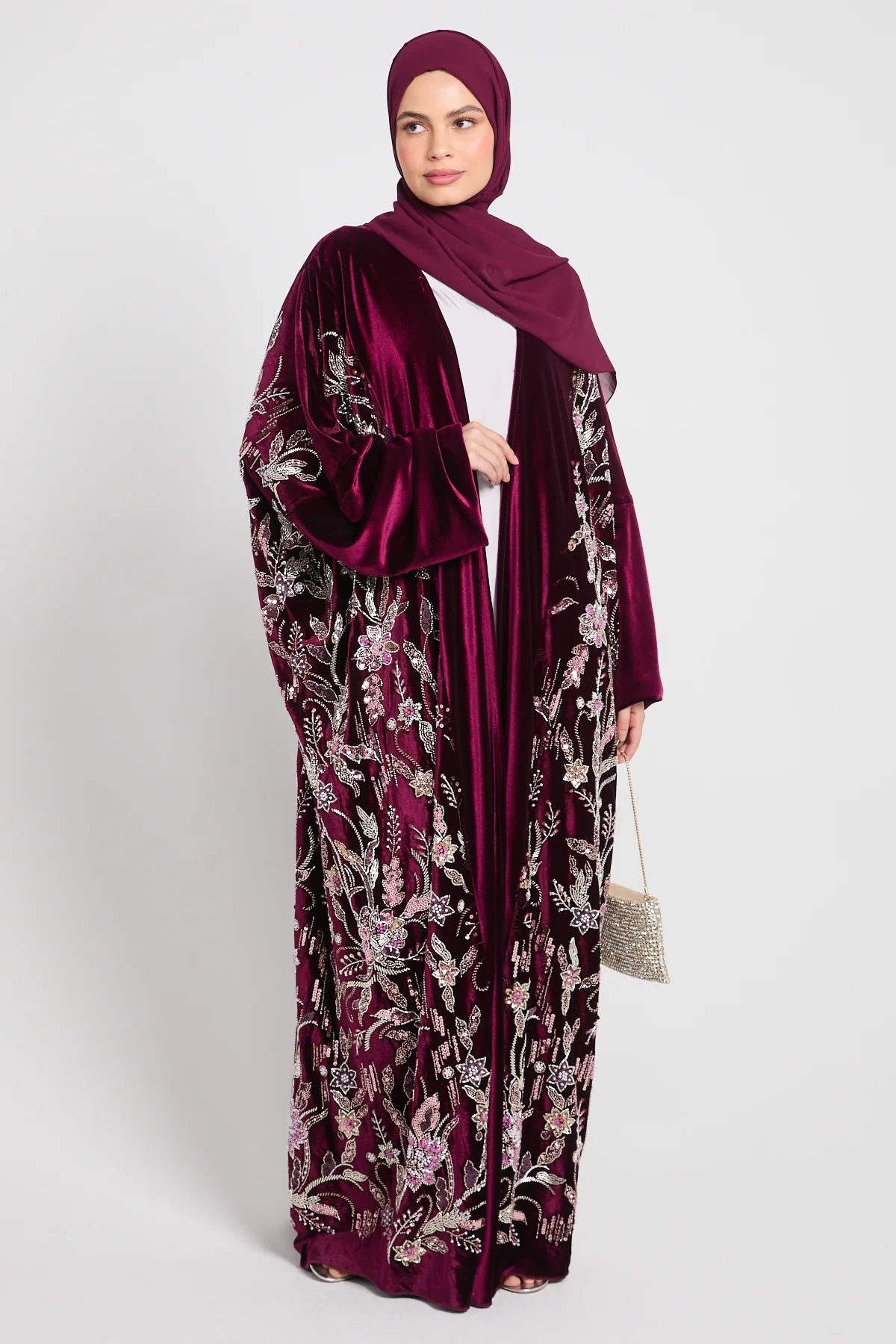 Luxury Deep Burgundy Velvet Embellished Open Abaya - LIMITED EDITION - Image 3