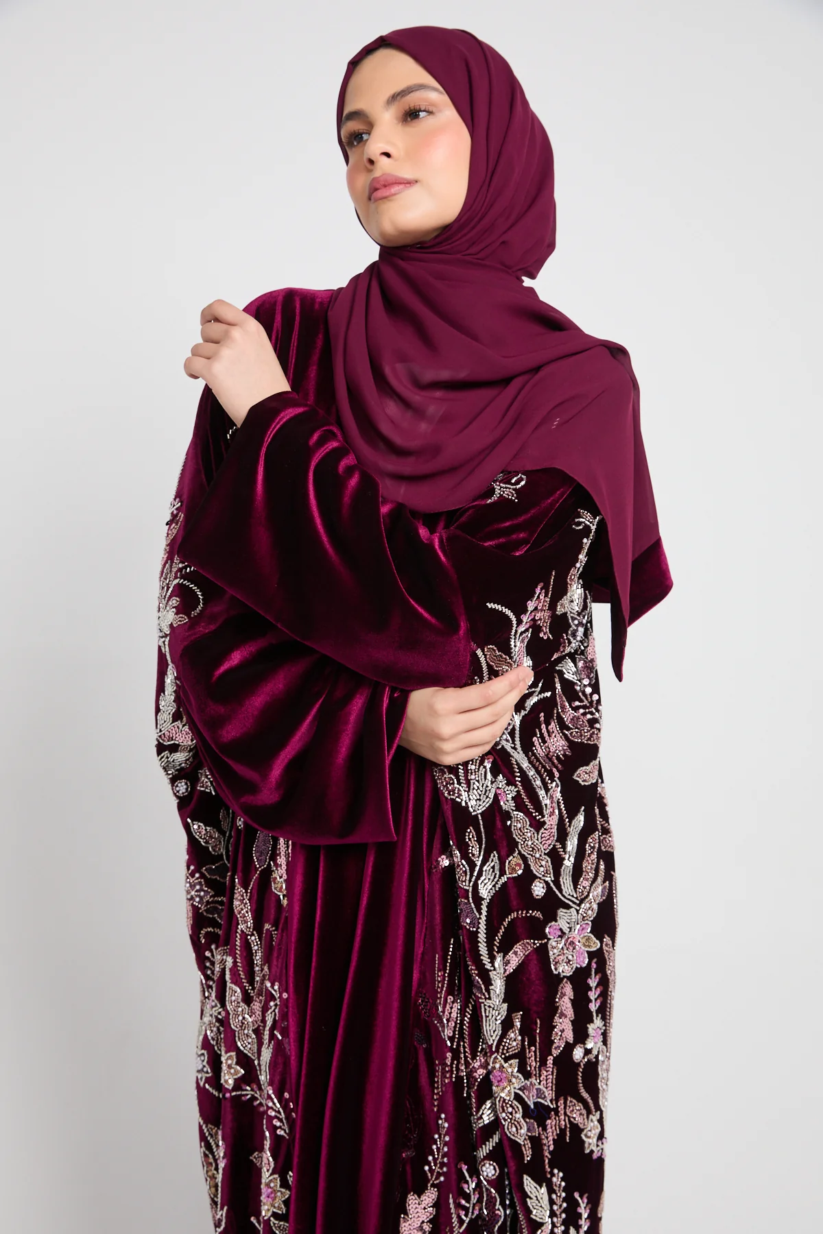 Luxury Deep Burgundy Velvet Embellished Open Abaya - LIMITED EDITION - Image 4