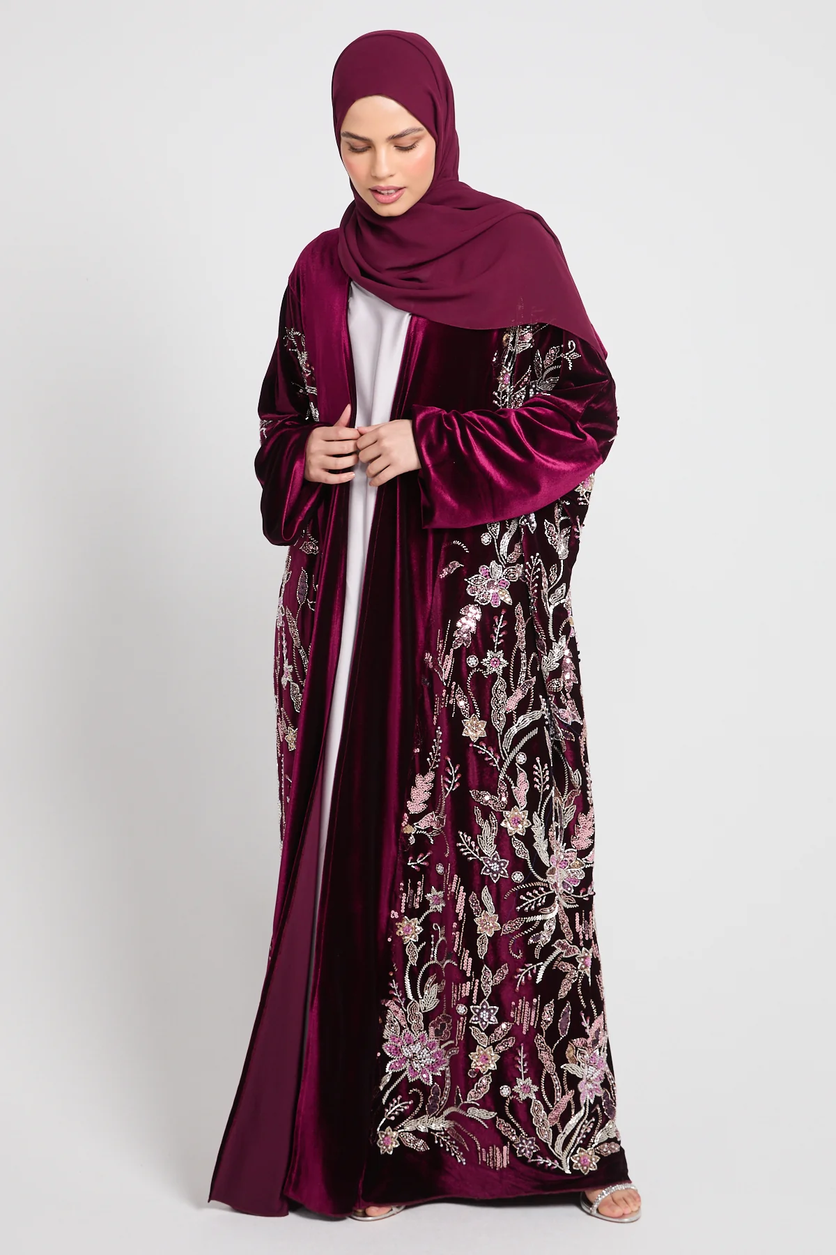 Luxury Deep Burgundy Velvet Embellished Open Abaya - LIMITED EDITION - Image 6