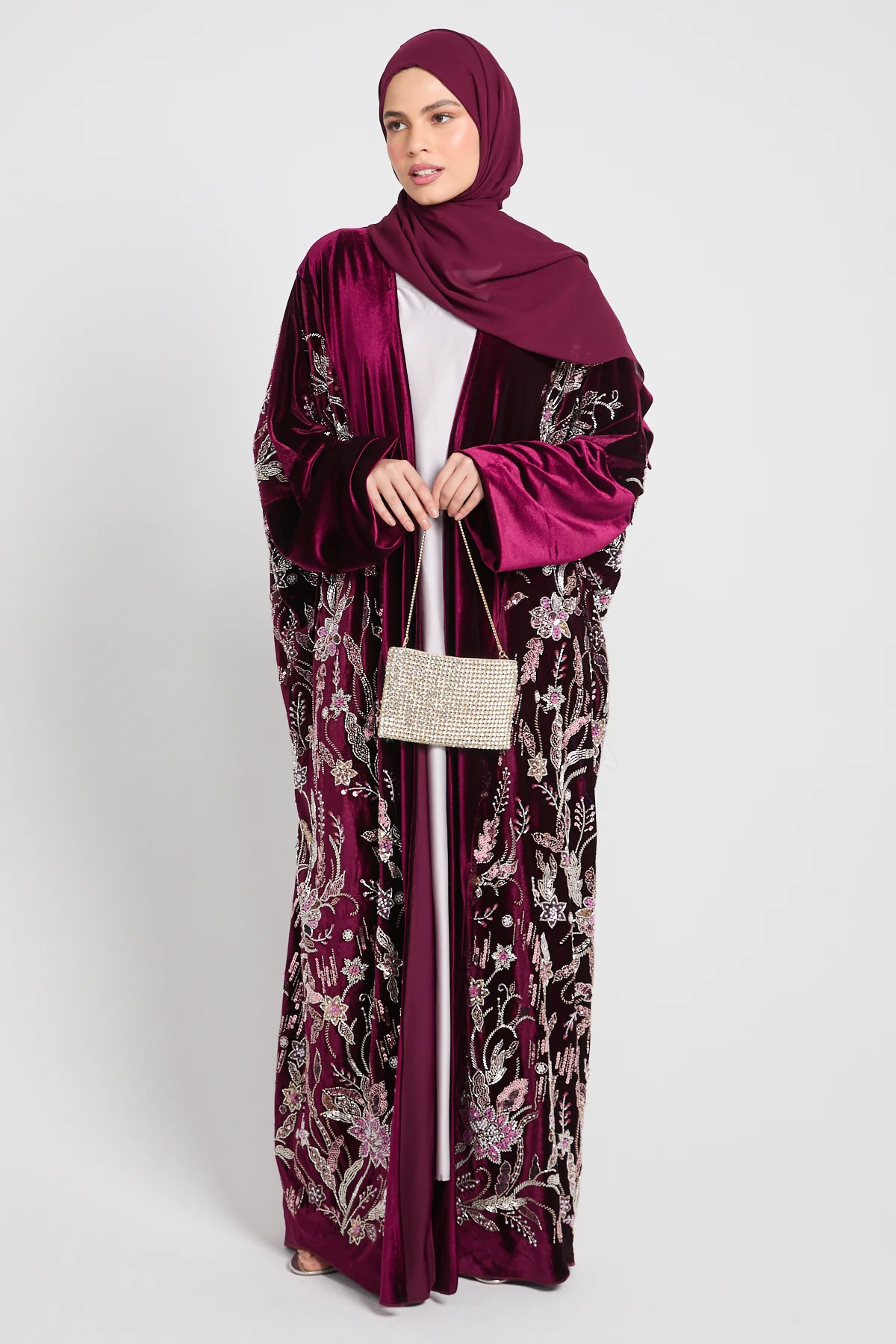 Luxury Deep Burgundy Velvet Embellished Open Abaya - LIMITED EDITION - Image 8