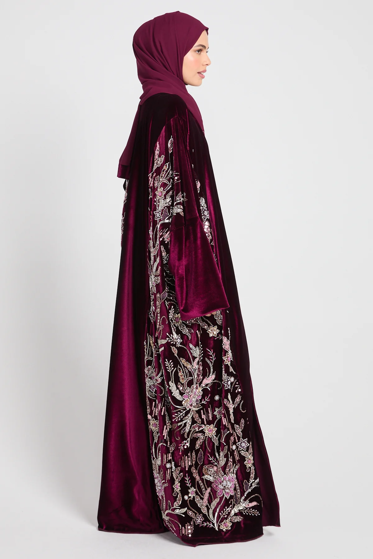 Luxury Deep Burgundy Velvet Embellished Open Abaya - LIMITED EDITION - Image 9