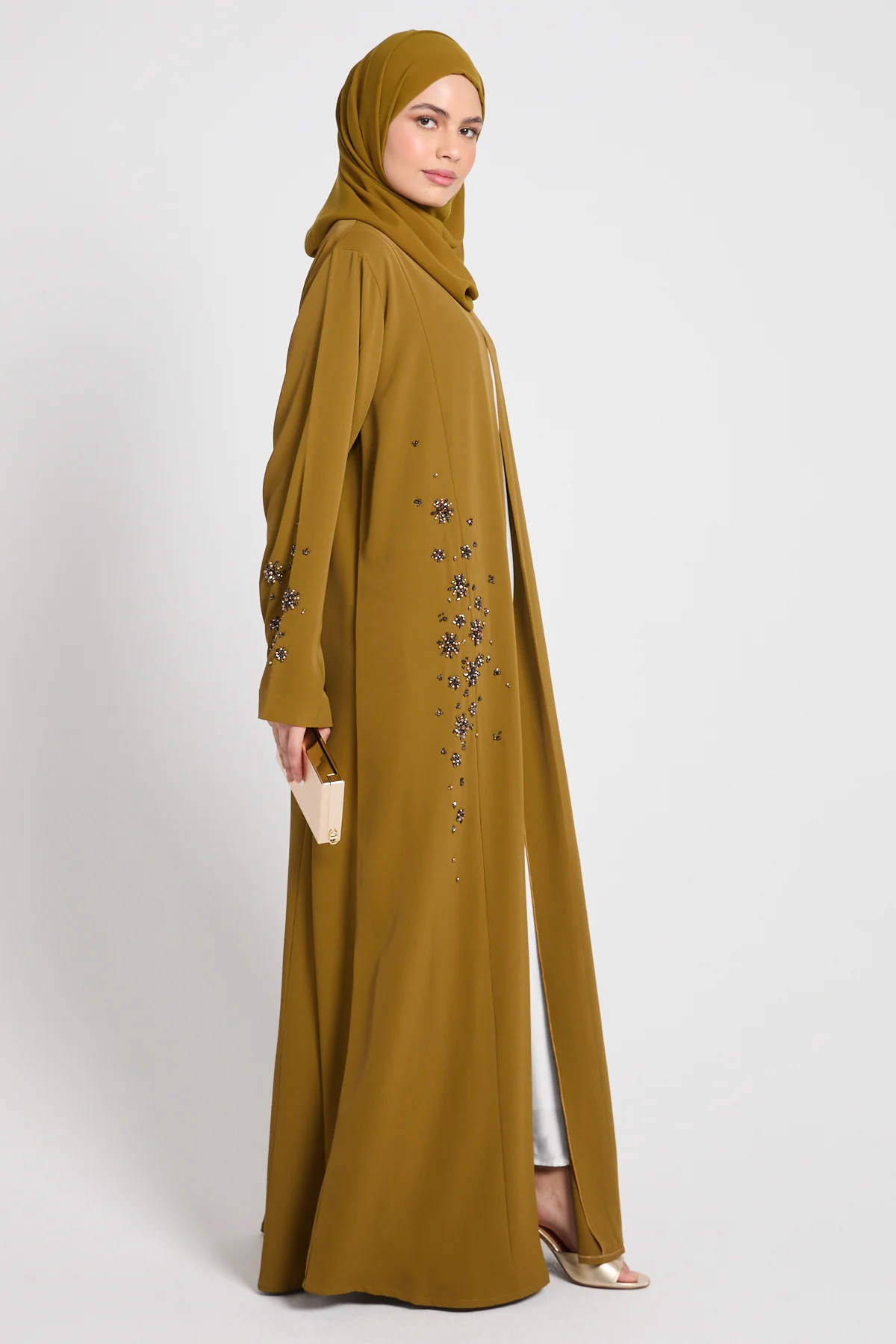 Luxury Desert Amber Embellished Open Abaya - Image 3