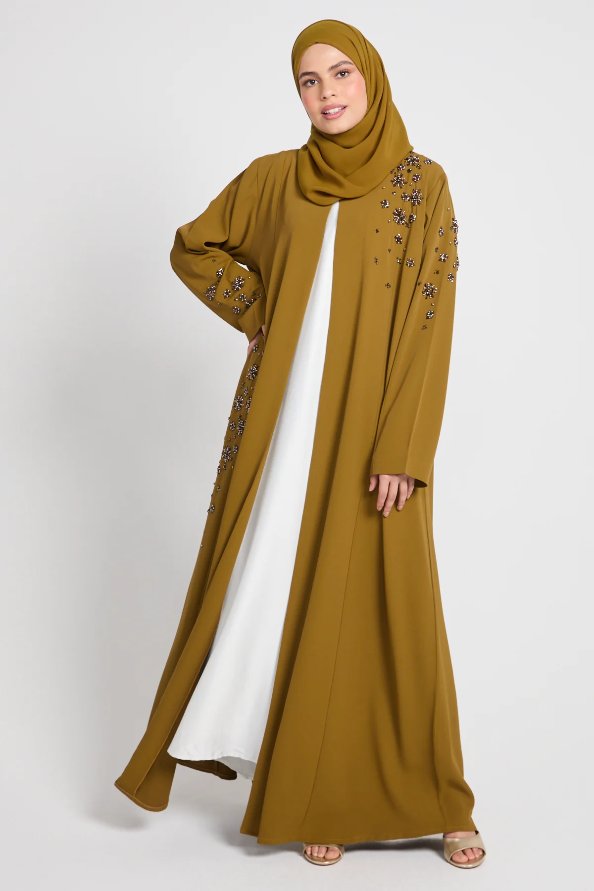 Luxury Desert Amber Embellished Open Abaya - Image 4