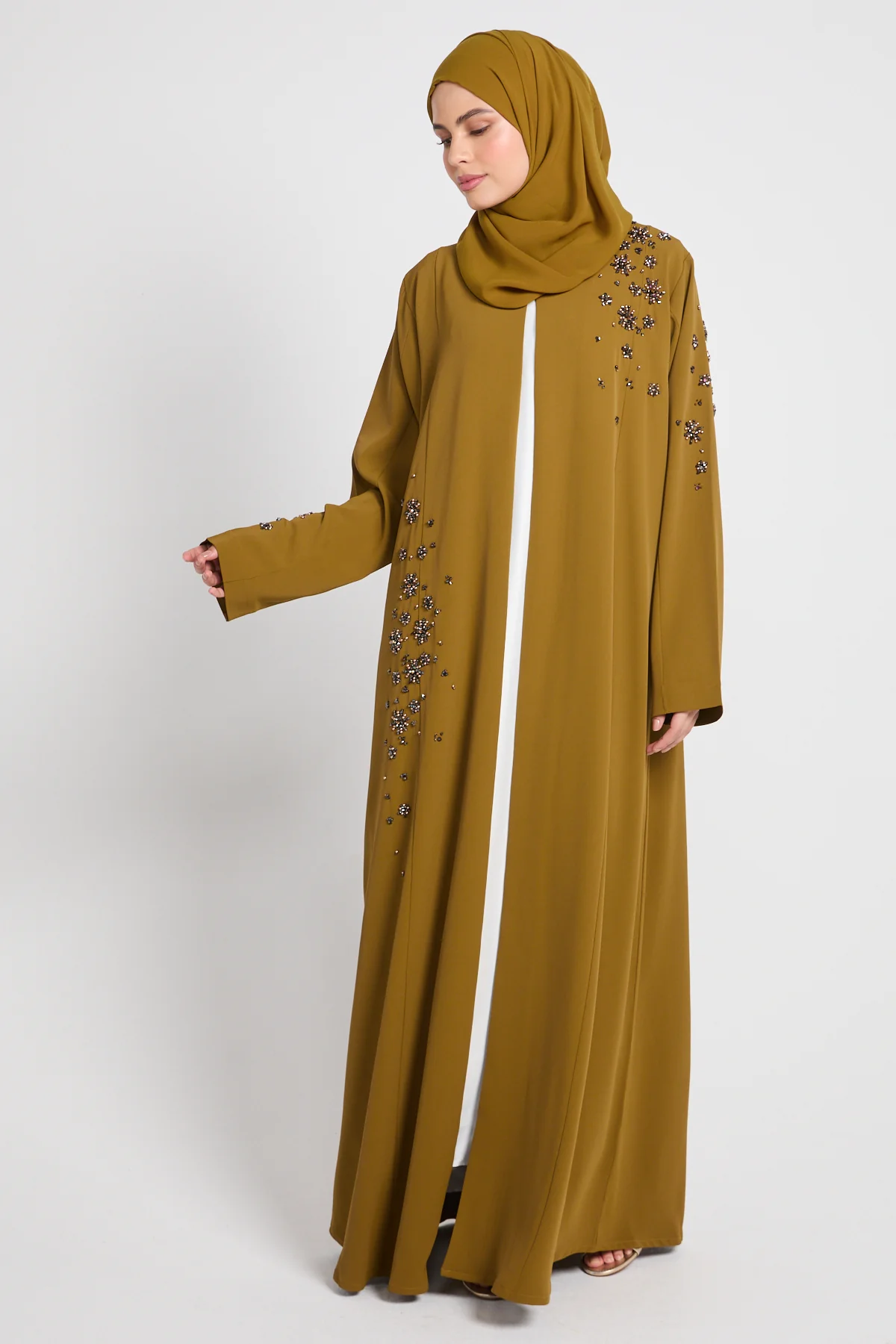 Luxury Desert Amber Embellished Open Abaya - Image 6