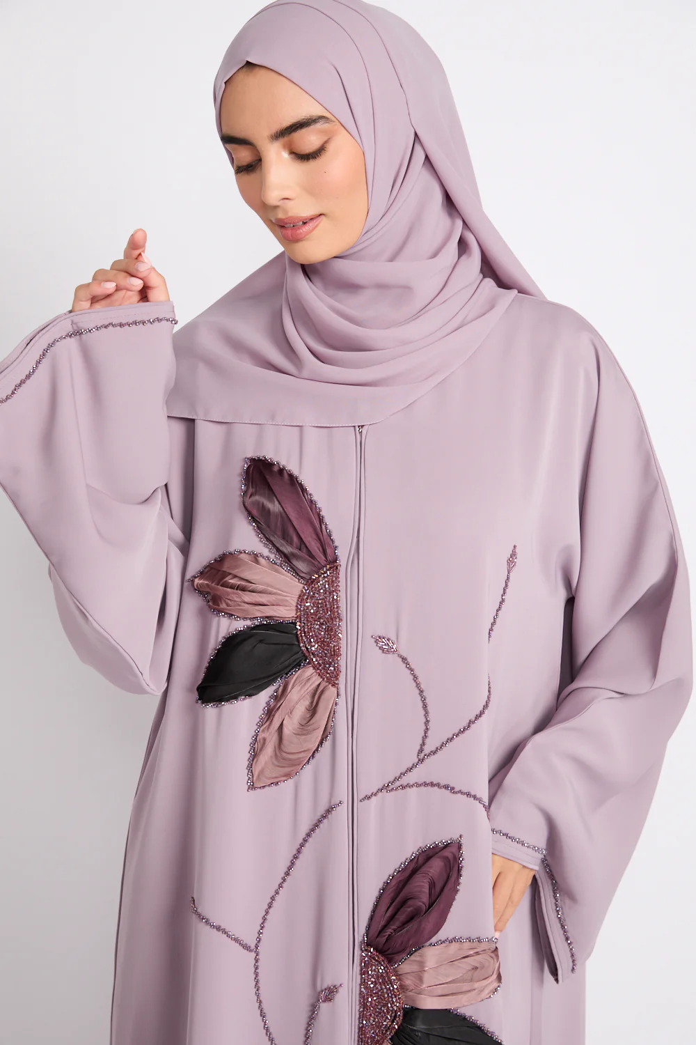 Luxury Dusky Lilac Blooming Floral Embellished Open Abaya - Image 2