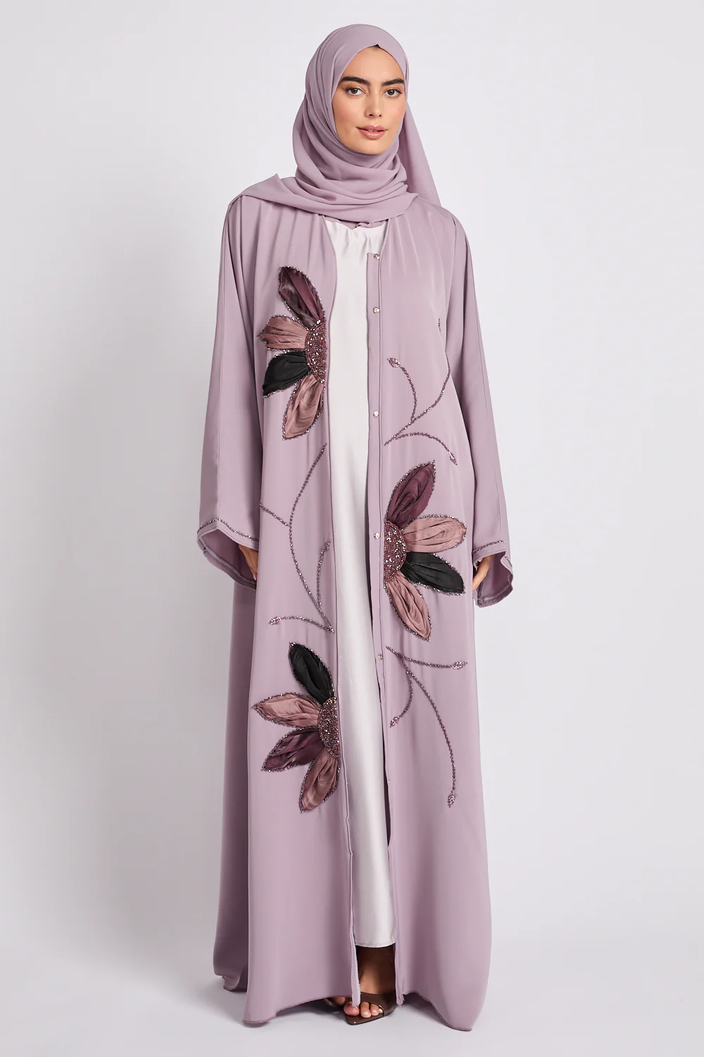 Luxury Dusky Lilac Blooming Floral Embellished Open Abaya - Image 3