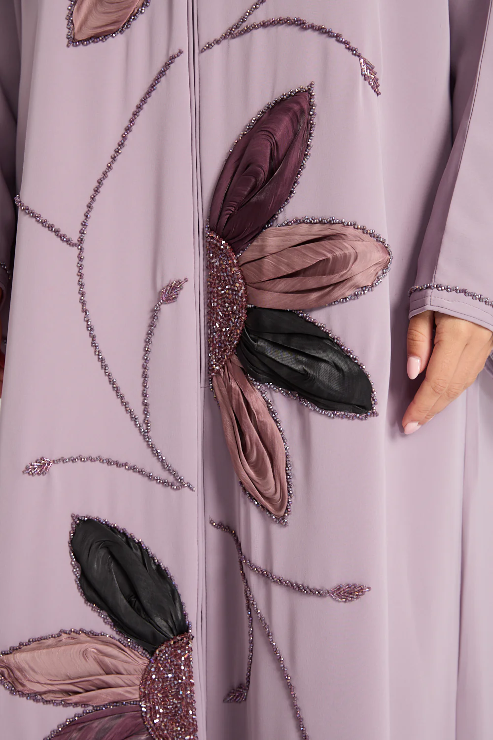 Luxury Dusky Lilac Blooming Floral Embellished Open Abaya - Image 4
