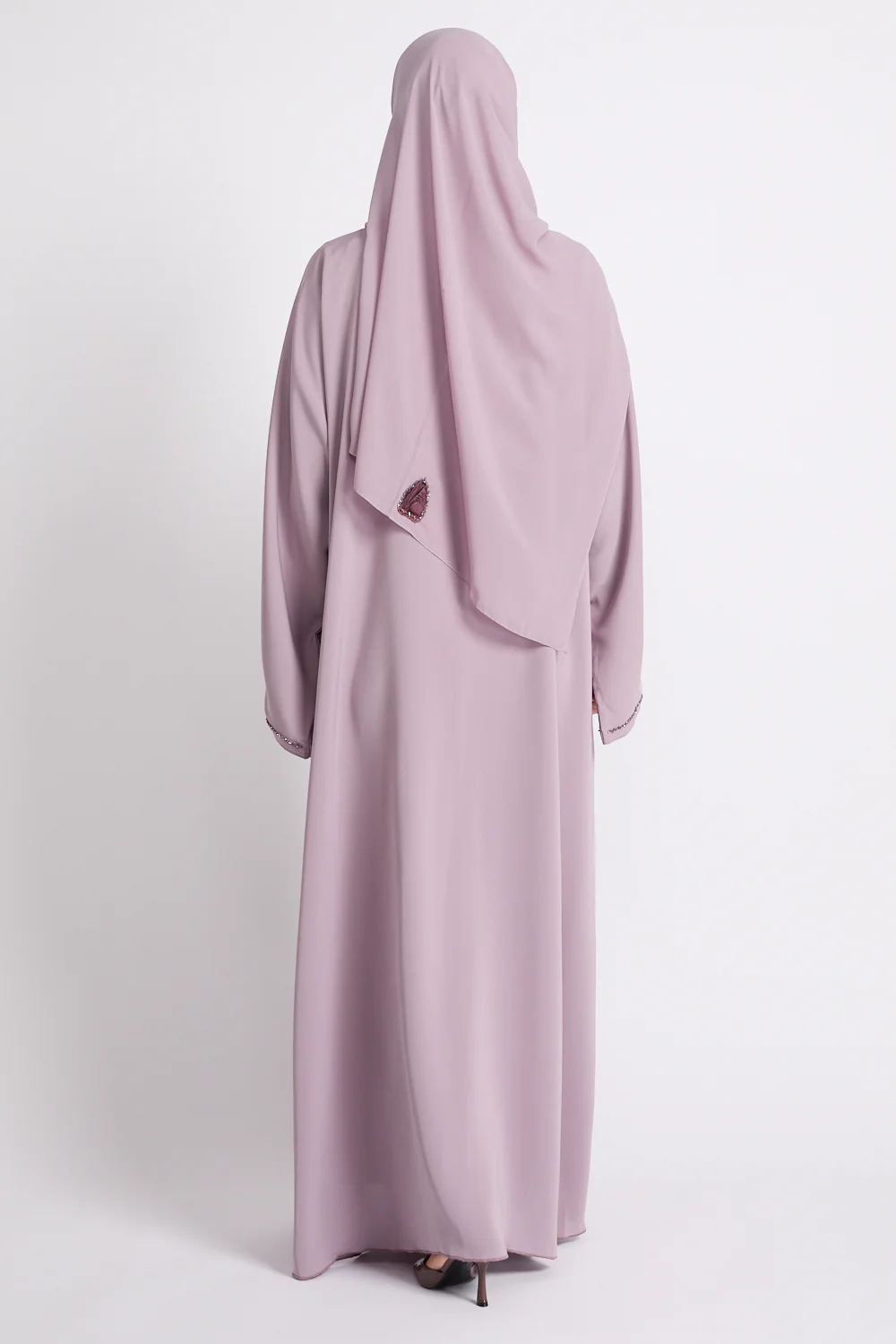 Luxury Dusky Lilac Blooming Floral Embellished Open Abaya - Image 7