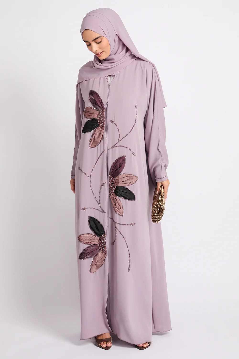 Luxury Dusky Lilac Blooming Floral Embellished Open Abaya - Image 9