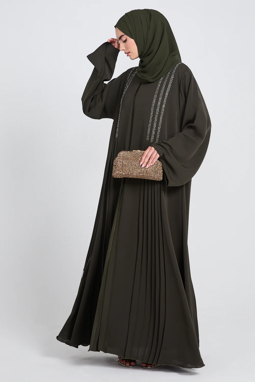 Luxury Dusky Olive Noir Pleated Embellished Open Abaya