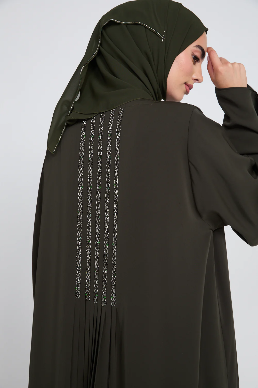 Luxury Dusky Olive Noir Pleated Embellished Open Abaya - Image 2