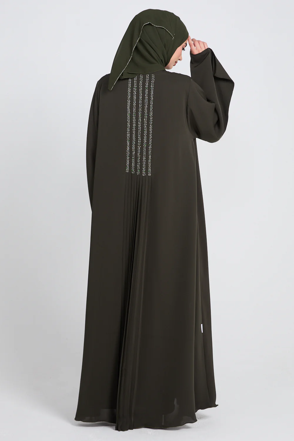 Luxury Dusky Olive Noir Pleated Embellished Open Abaya - Image 3